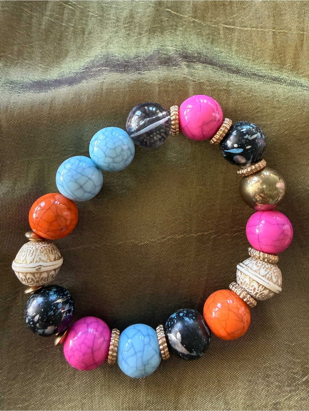 Multicolor Beaded Stretch Bracelet – Pink, Blue, Orange & Black
